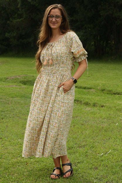 Puff Sleeve Printed Midi Dress