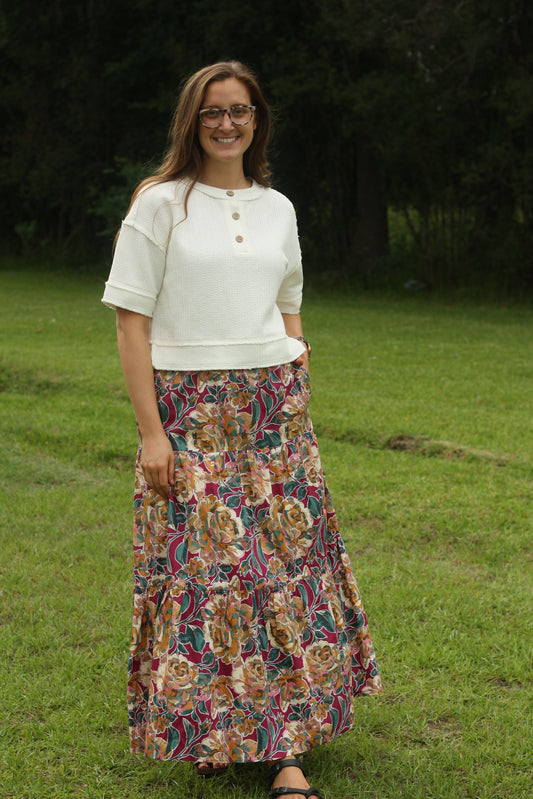 Bold Floral Tiered Maxi Skirt