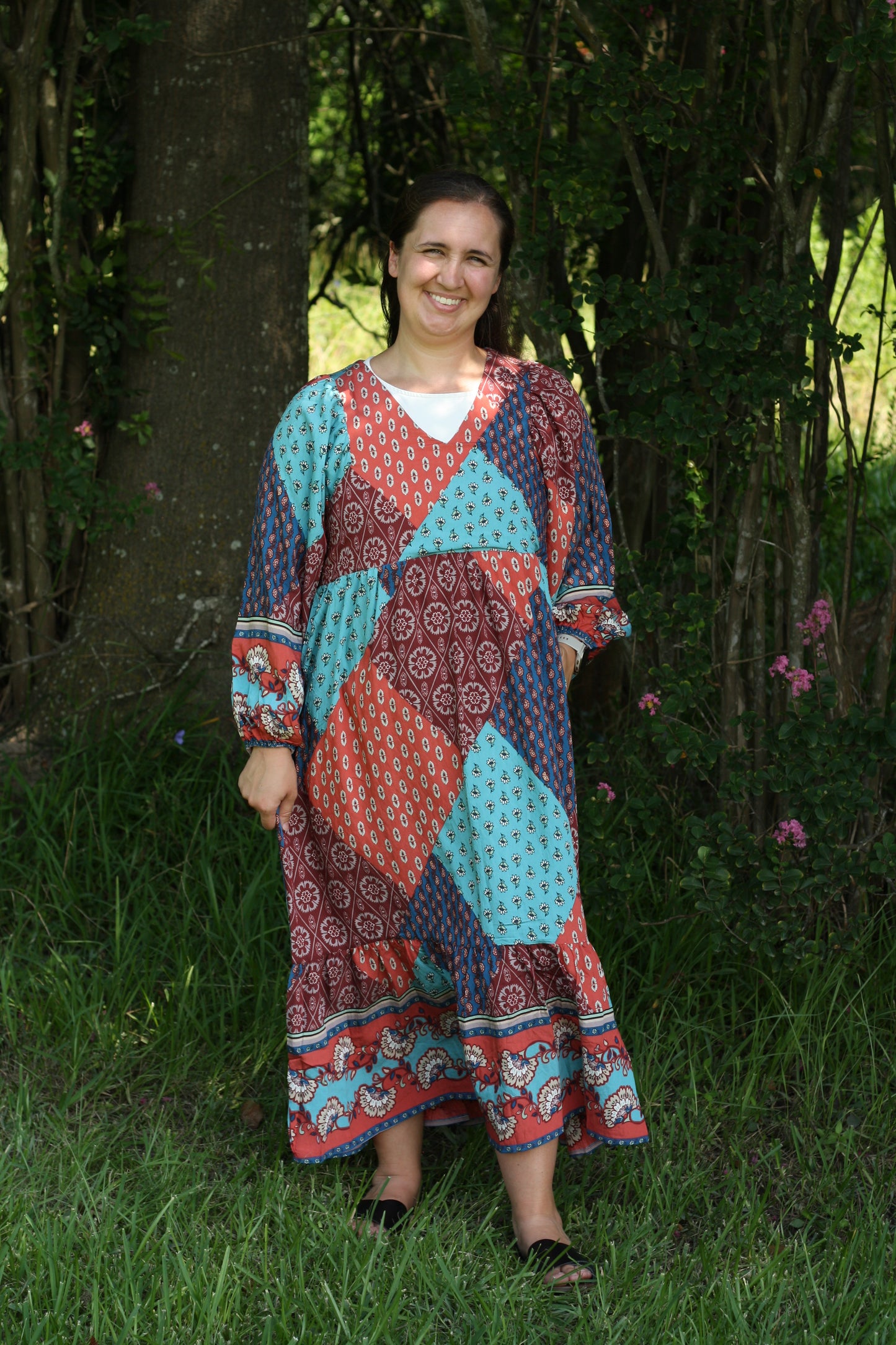 Multi Printed Balloon Sleeve Midi Dress