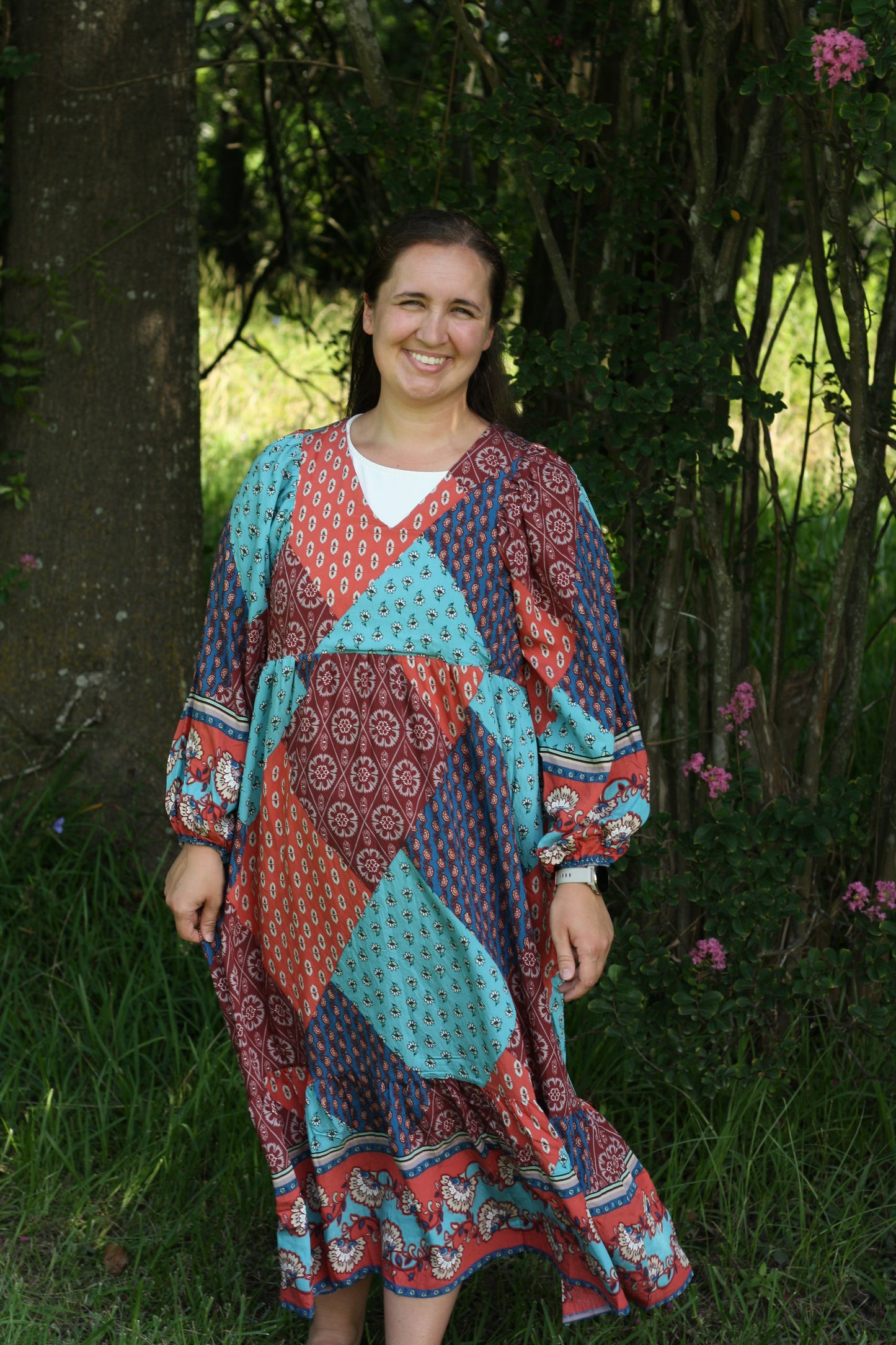 Multi Printed Balloon Sleeve Midi Dress