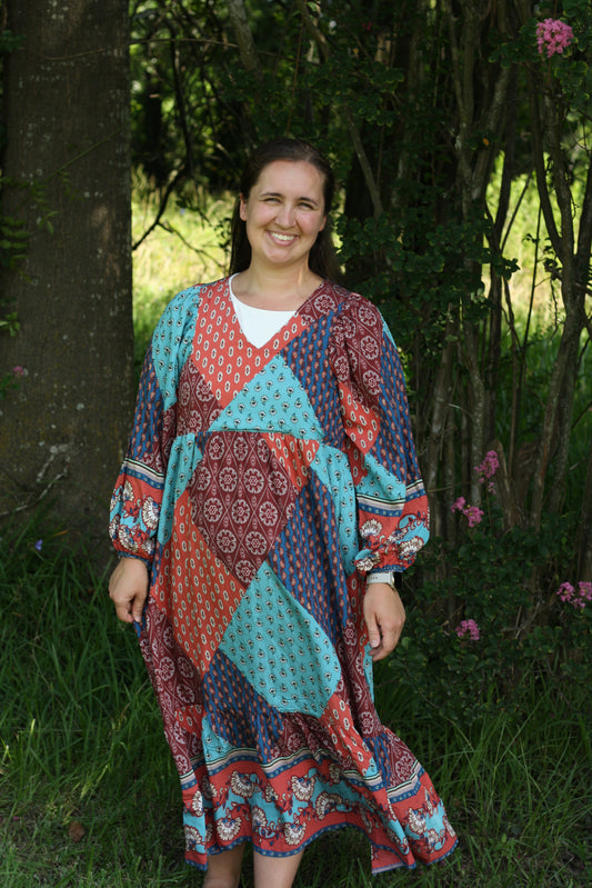 Multi Printed Balloon Sleeve Midi Dress