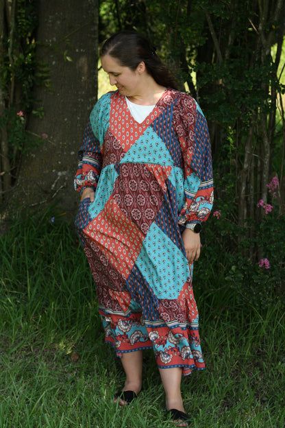 Multi Printed Balloon Sleeve Midi Dress