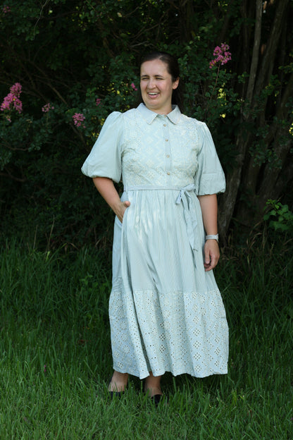 Striped Eyelet Button Down Midi Dress