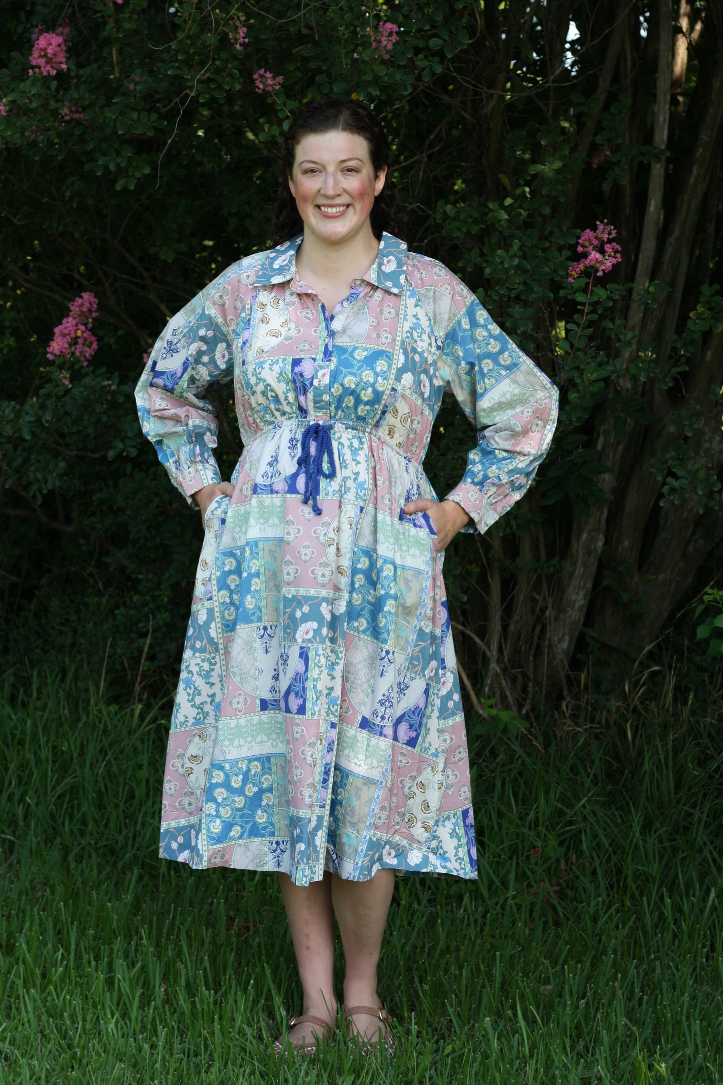 Floral Patchwork Drawstring Waist Dress