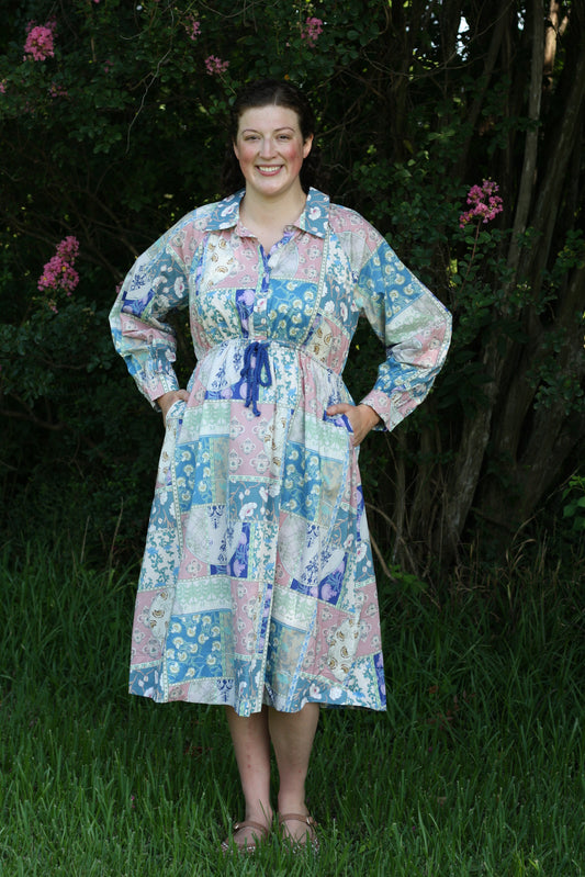 Floral Patchwork Drawstring Waist Dress