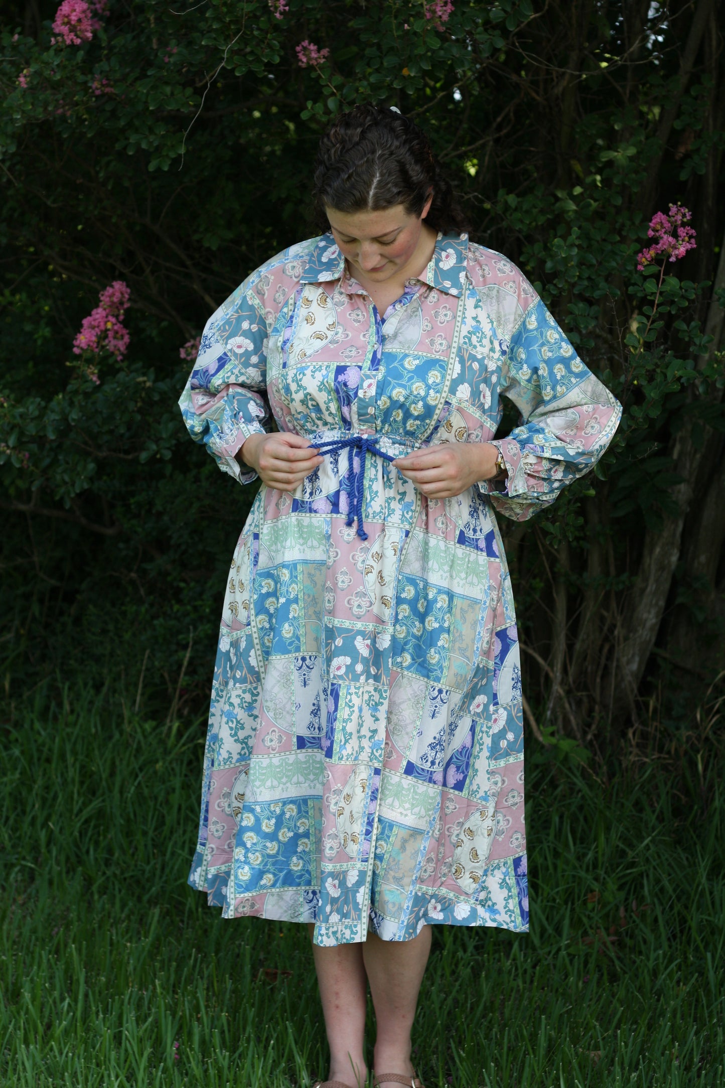Floral Patchwork Drawstring Waist Dress