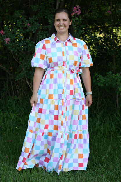 Checker Printed Puff Sleeve Maxi Dress