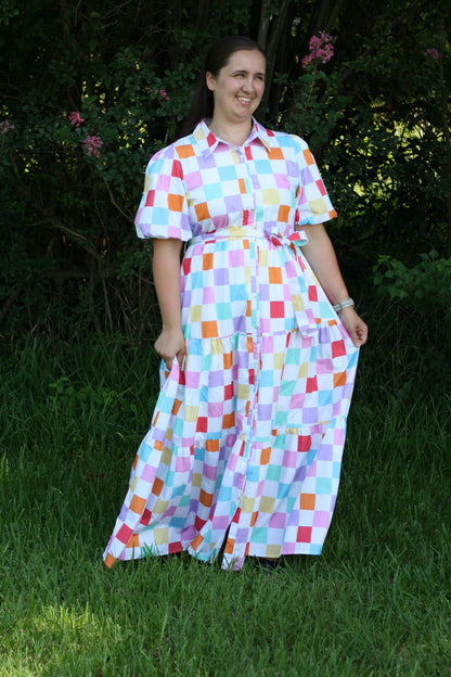 Checker Printed Puff Sleeve Maxi Dress