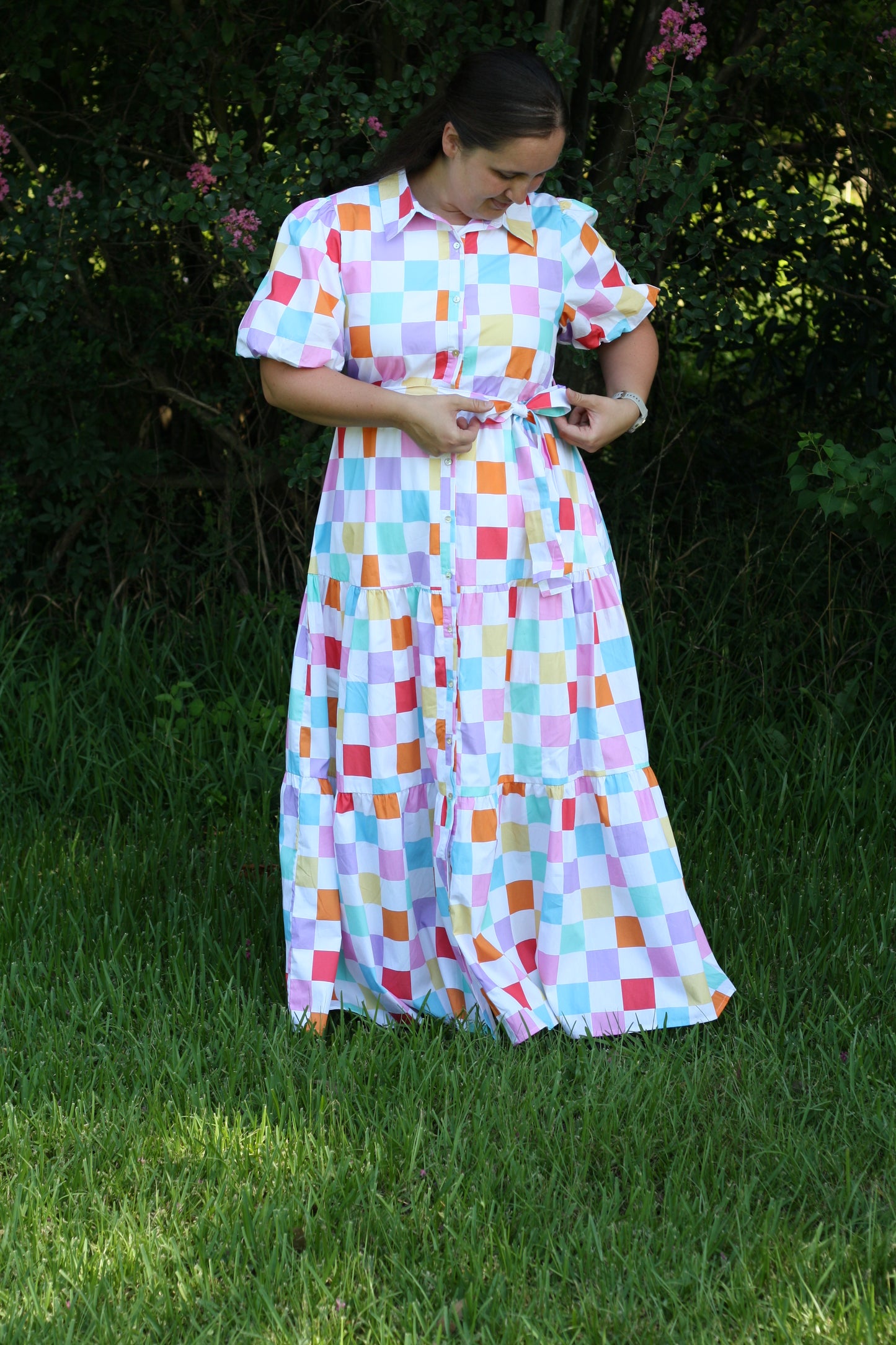 Checker Printed Puff Sleeve Maxi Dress