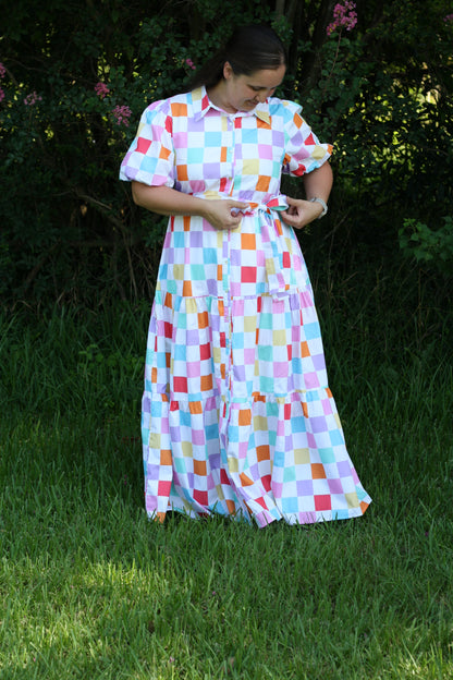 Checker Printed Puff Sleeve Maxi Dress