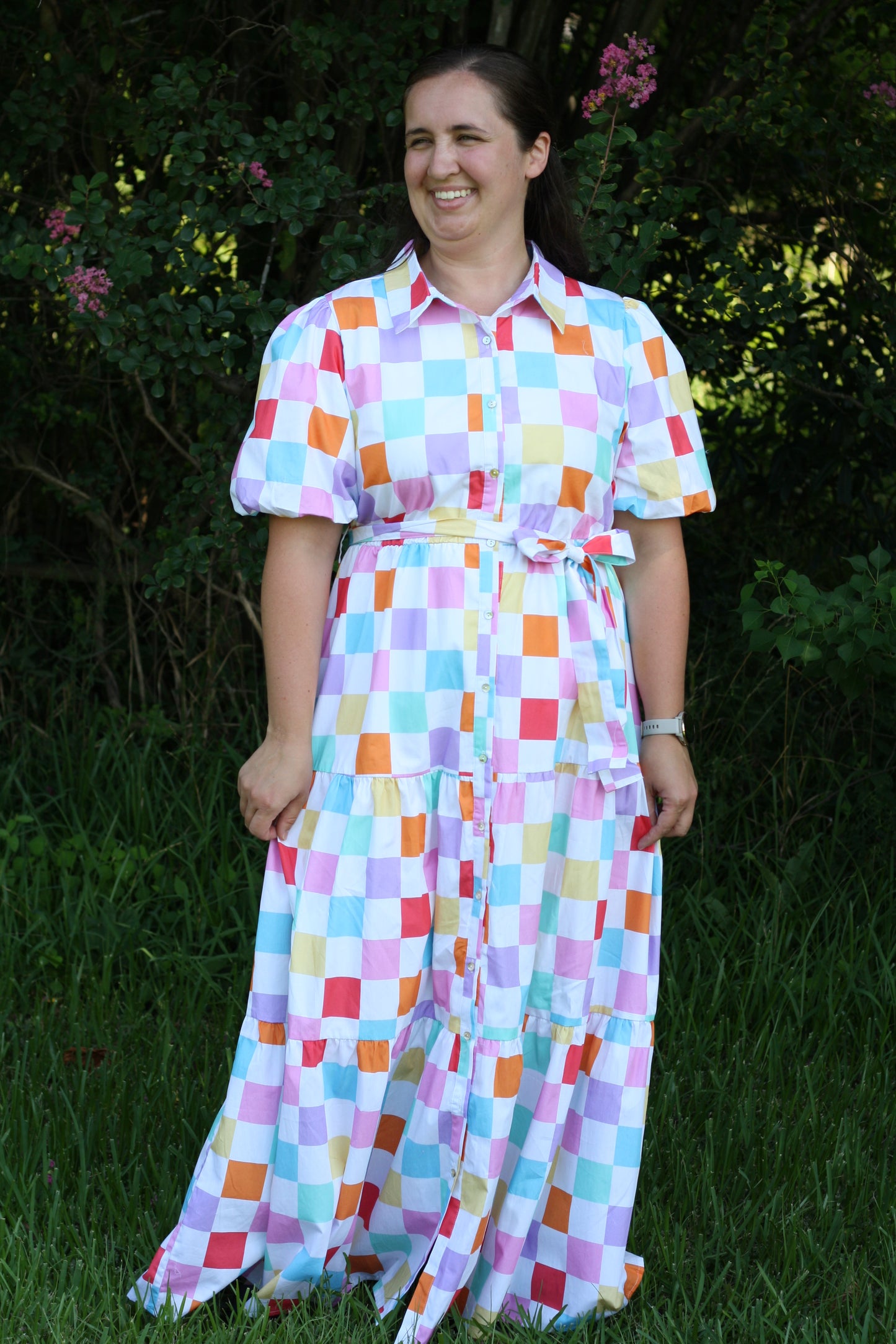 Checker Printed Puff Sleeve Maxi Dress