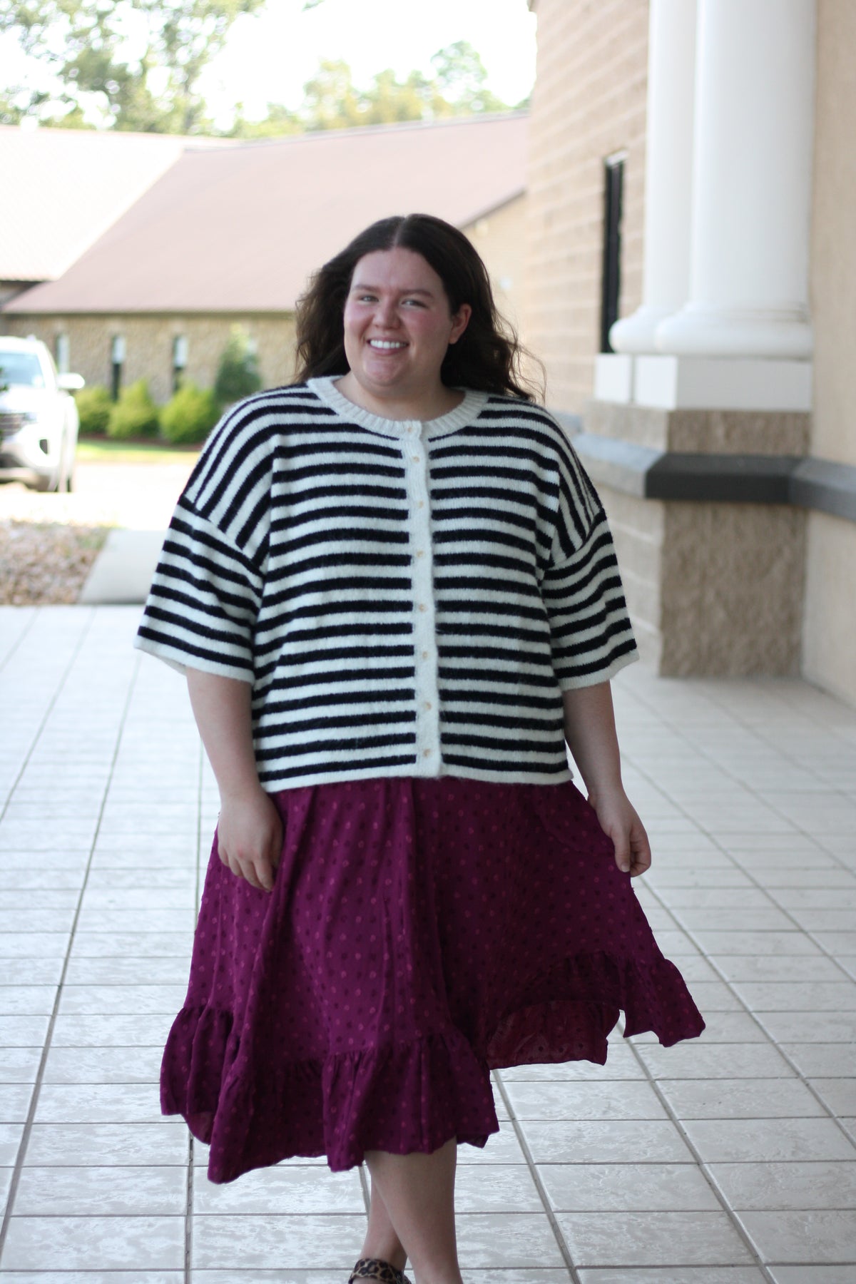 Short Sleeve Striped Fuzzy Knit Cardigan