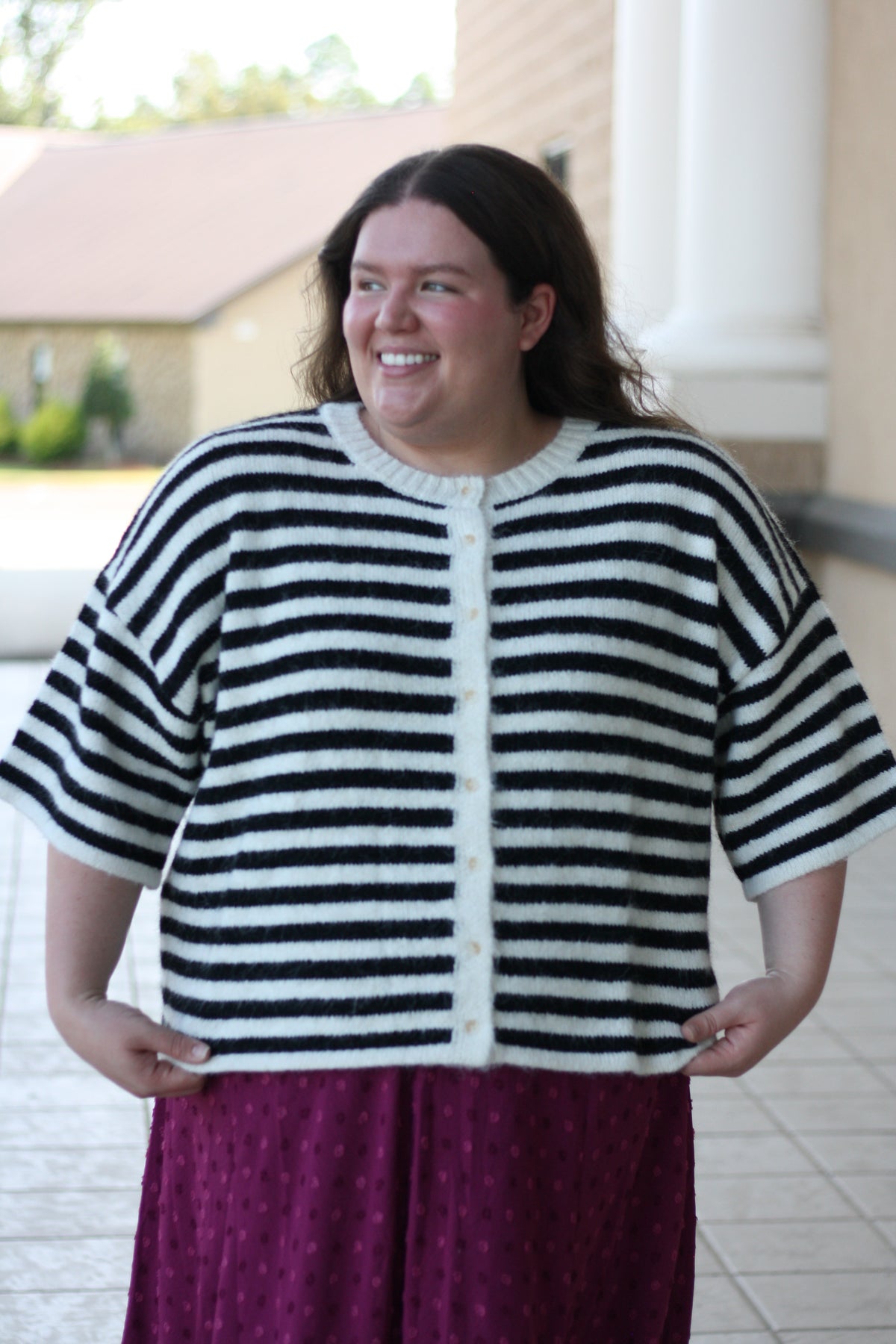 Short Sleeve Striped Fuzzy Knit Cardigan
