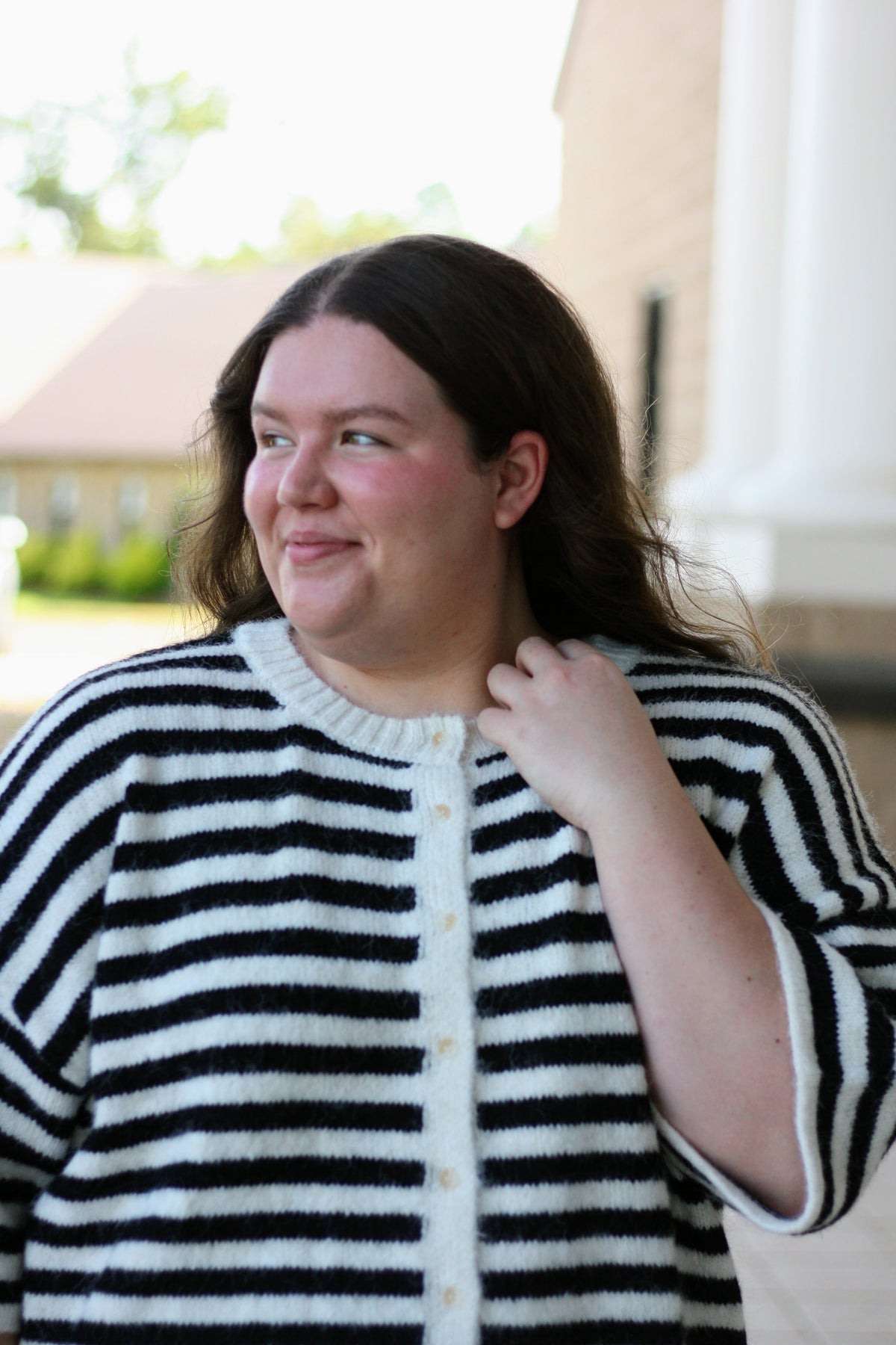 Short Sleeve Striped Fuzzy Knit Cardigan