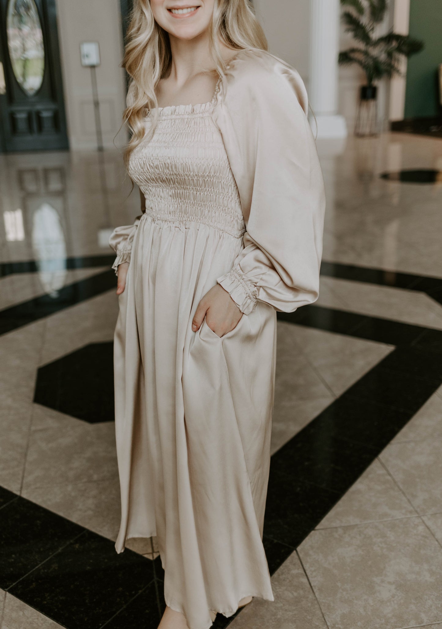 Smocked Satin Dress